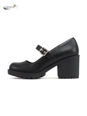 Women Mary Jane Mid Chunky Block Heel Lug Sole Pump with Adjustable Strap